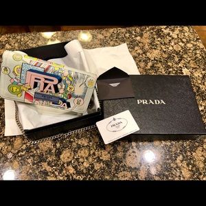 Prada Mini Comic-Print Glace Calf Crossbody Wallet